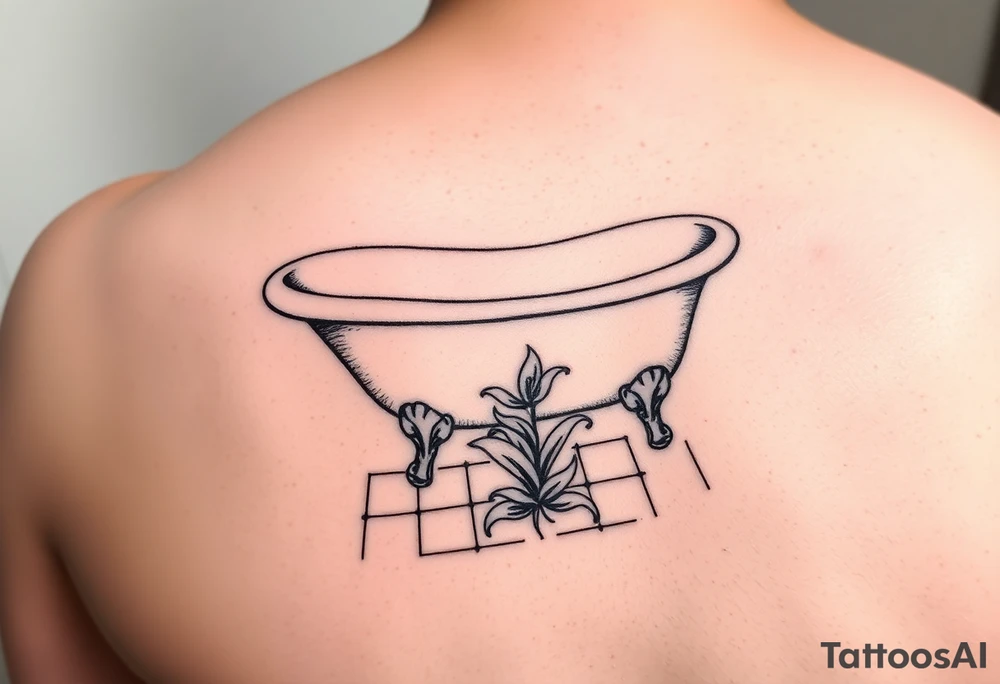 clawfoot bathtub with simple faucet and lily coming up out of the tile floor tattoo idea