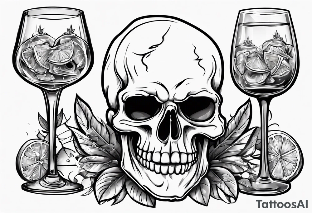 A scull inside the glass with alcohol and piece of lime tattoo idea