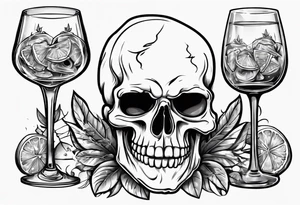 A scull inside the glass with alcohol and piece of lime tattoo idea
