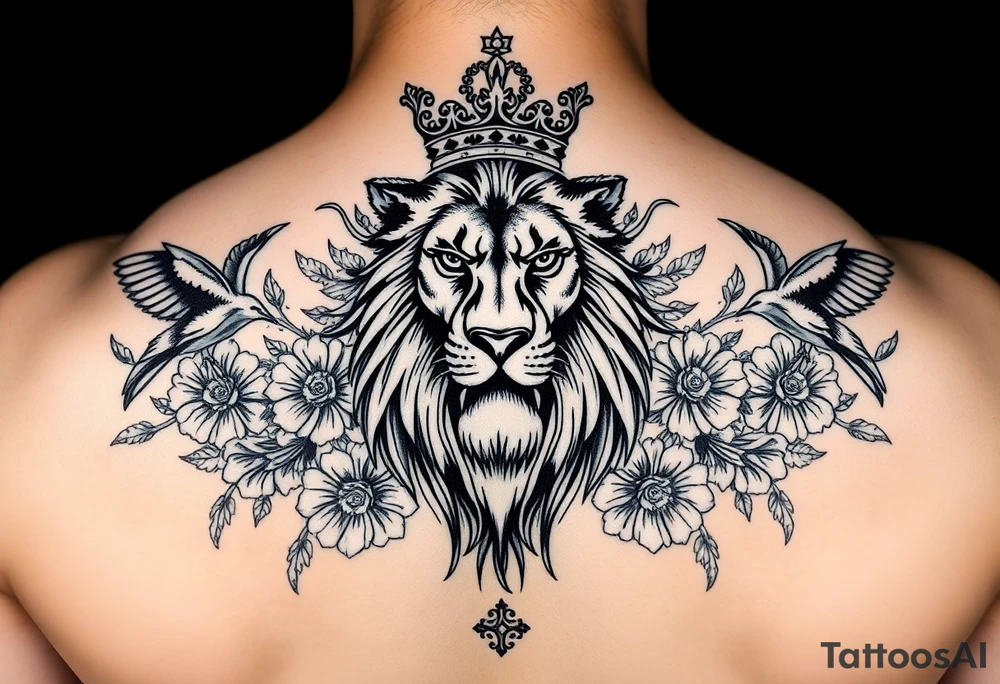powerful majestic lion with a crown, surrounded by floral ornaments and birds tattoo idea