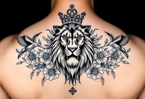 powerful majestic lion with a crown, surrounded by floral ornaments and birds tattoo idea