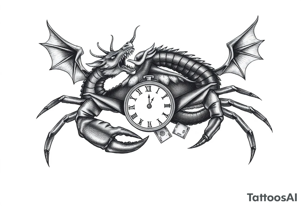 Dark cancer zodiac sign tattoo with dragon, clock and money on background tattoo idea