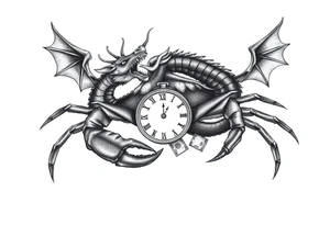 Dark cancer zodiac sign tattoo with dragon, clock and money on background tattoo idea