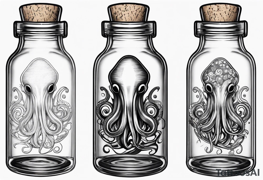 A squid trapped in a bottle with a cork tattoo idea