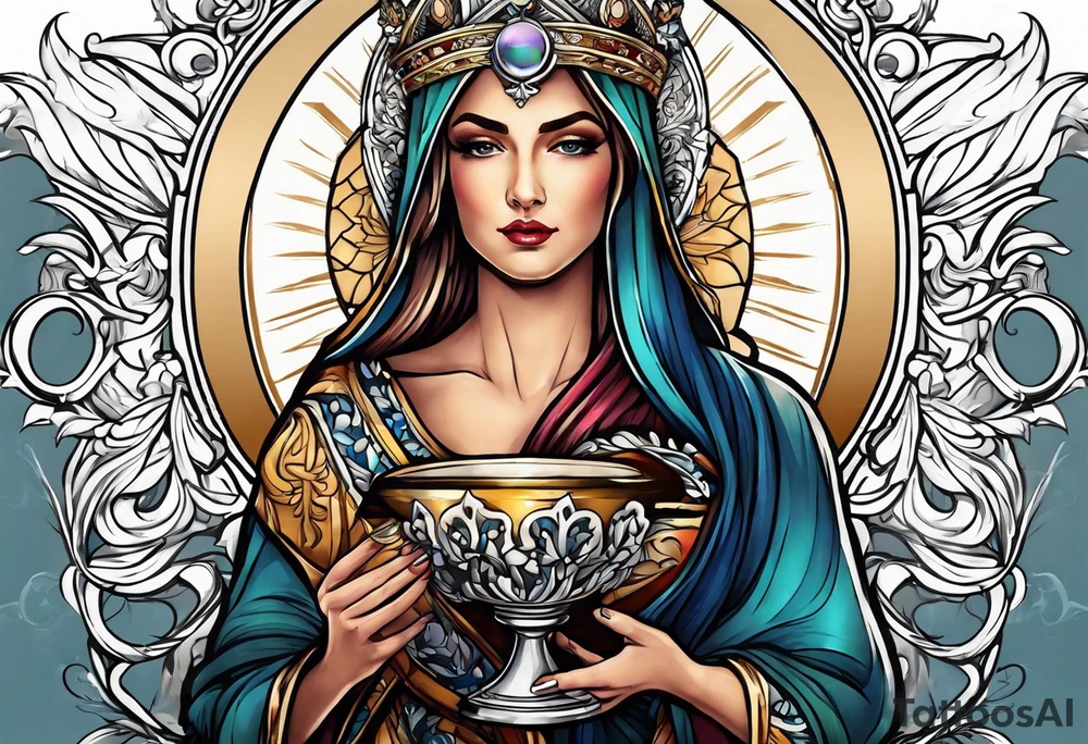 holy saint woman turned away
 holding a chalice tattoo idea