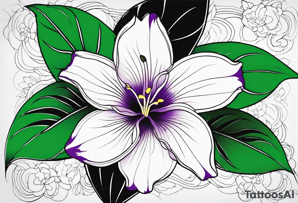 An outline of a rio dipladenia flower with a green and purple watercolor splash in the background tattoo idea