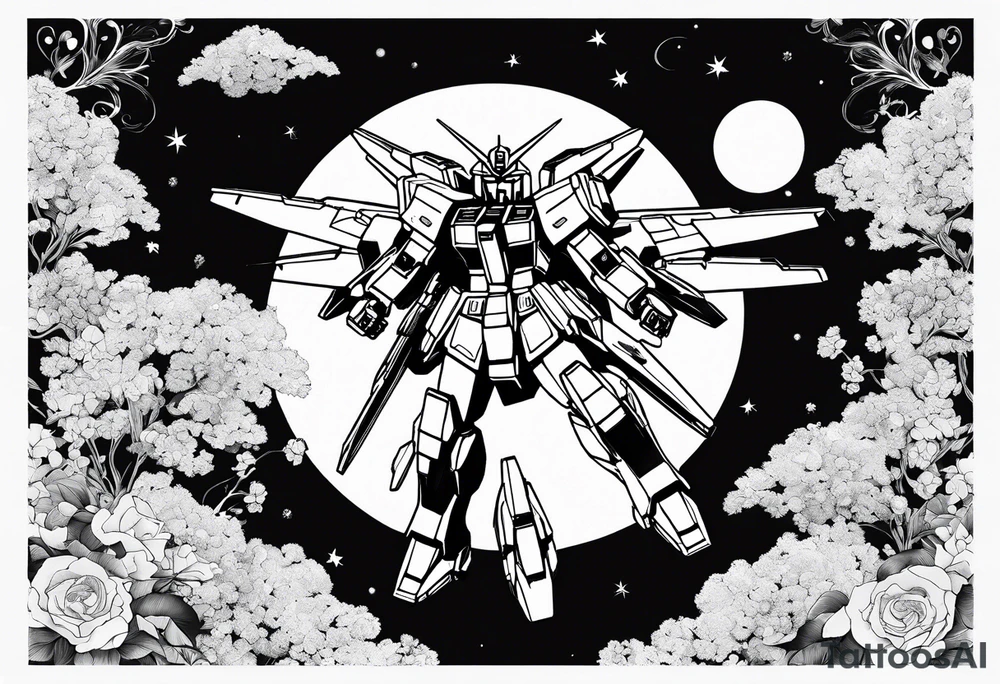 gundam, flying over moon, falling flowers, line art tattoo idea