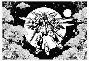 gundam, flying over moon, falling flowers, line art tattoo idea