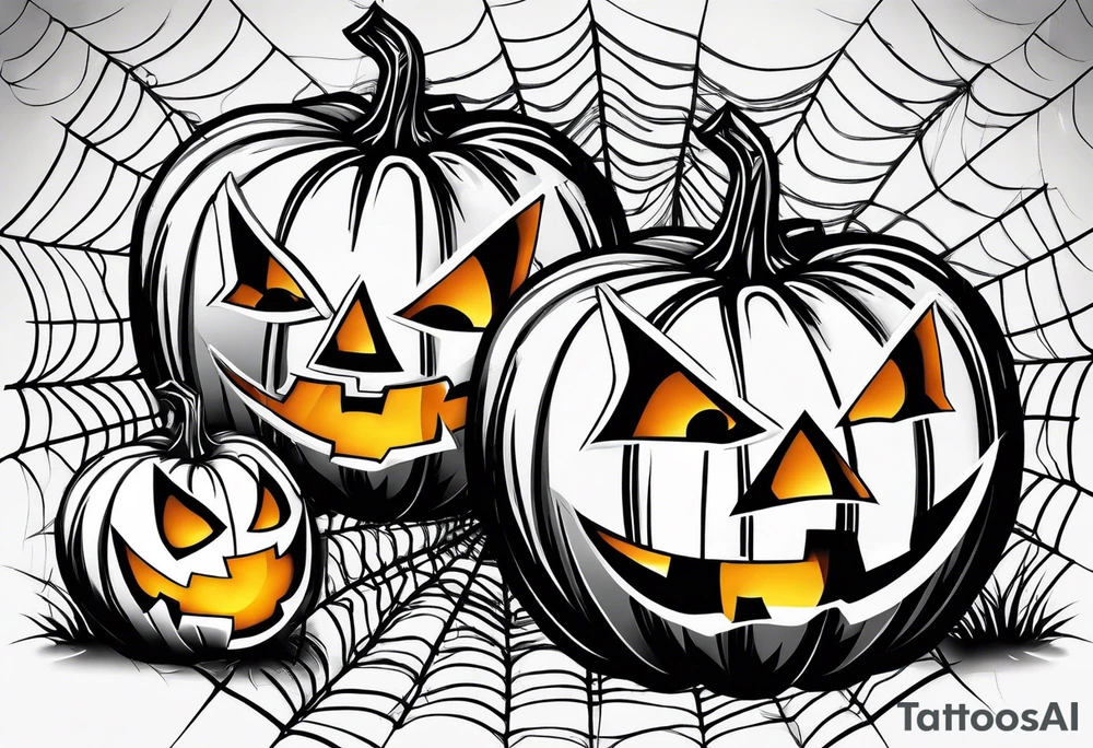 scary pumpkins with a spidernet in the background tattoo idea
