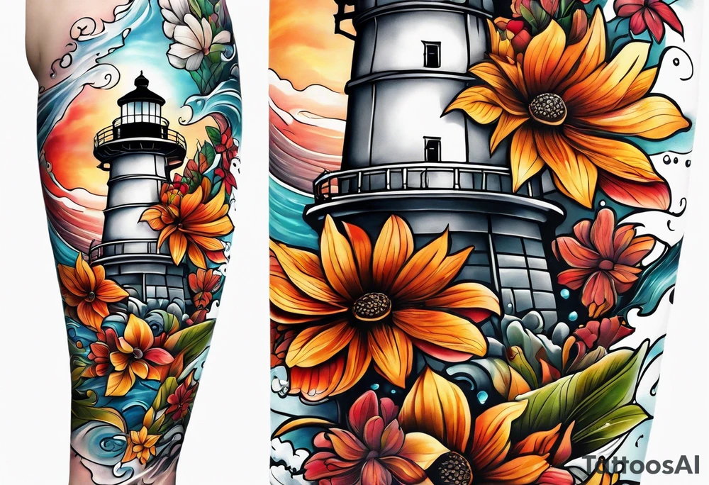 Arm sleeve with fall colors, various flowers, water flow, water splash, light house tattoo idea