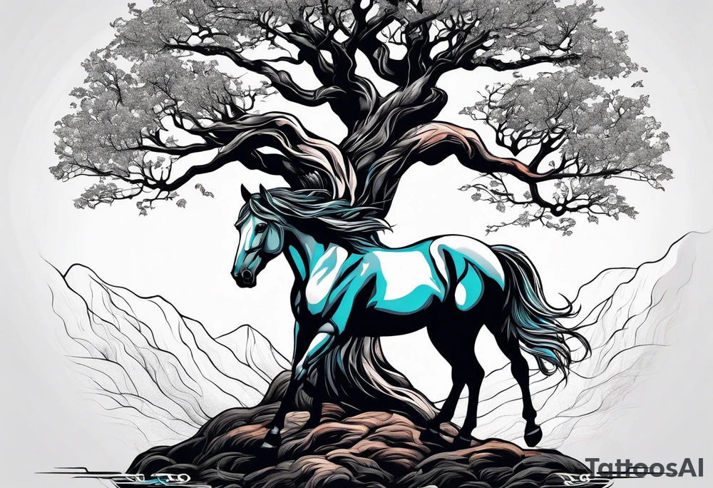 Realistic Horse and Yggdrasil tree tattoo idea