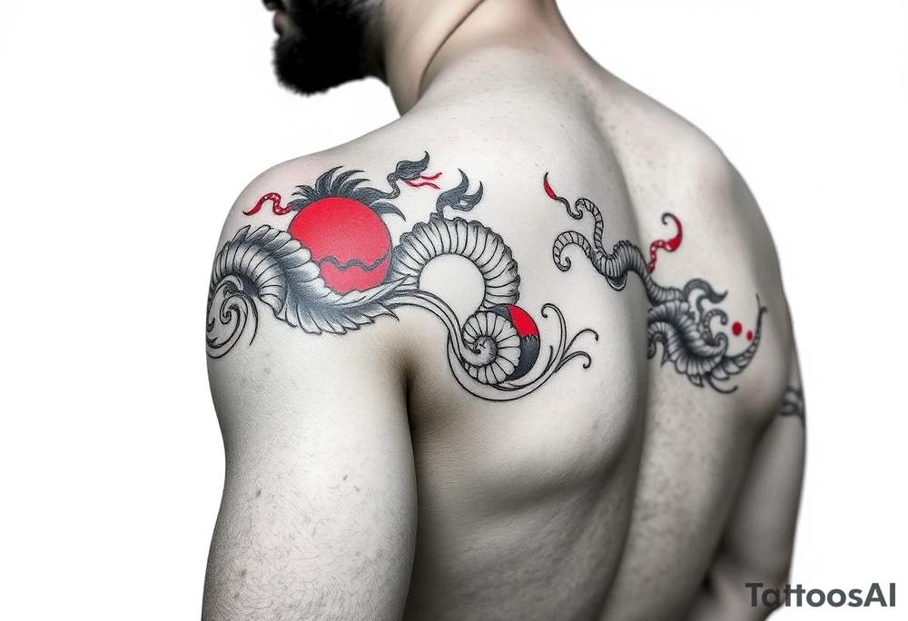 Chinese-Greek fusion tattoo band, black and red, wrap-around forearm, seamless pattern, line art tattoo idea