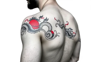 Chinese-Greek fusion tattoo band, black and red, wrap-around forearm, seamless pattern, line art tattoo idea