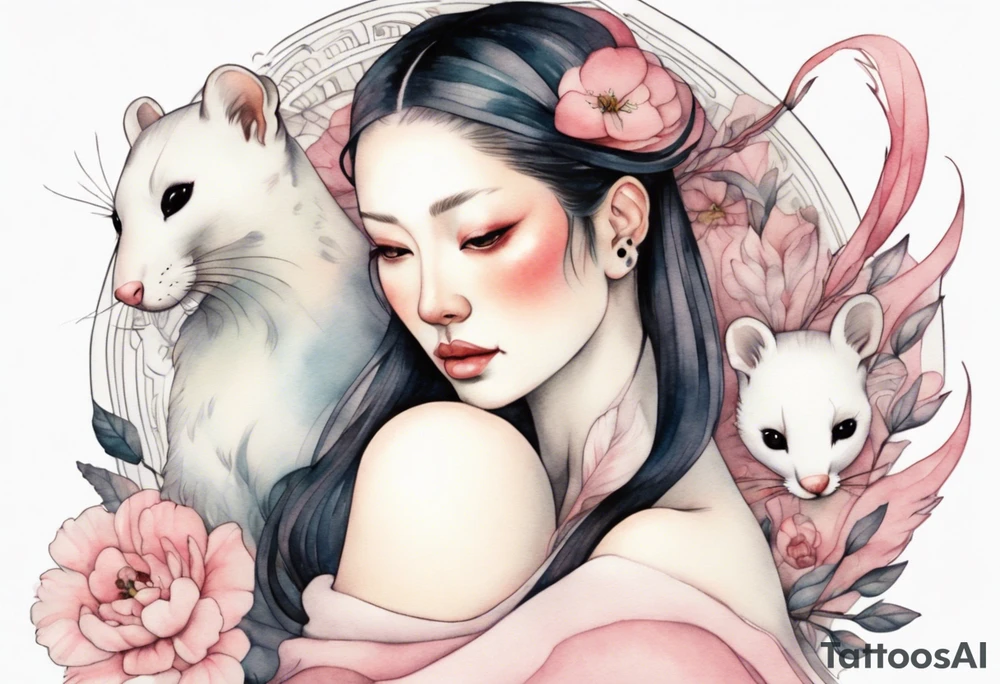 a pink ermine sitting on the lap of a beautiful woman tattoo idea