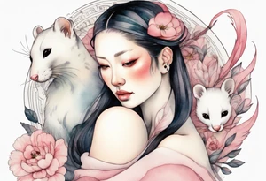 a pink ermine sitting on the lap of a beautiful woman tattoo idea