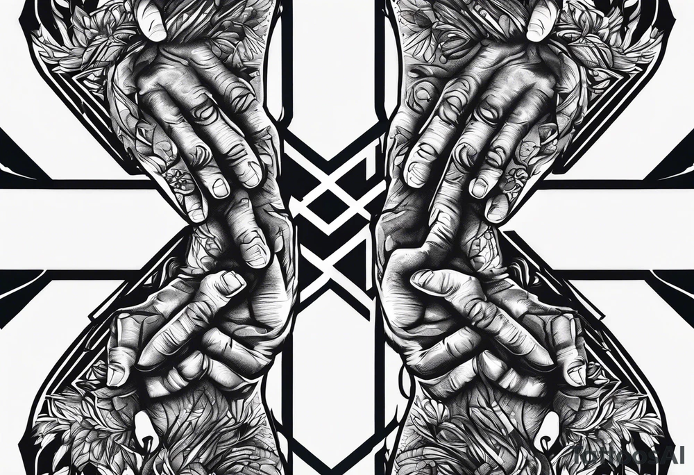 A clenched fist, the hand contains five fingers as specified, the tattoo is a back tattoo using negative space drawing techniques tattoo idea