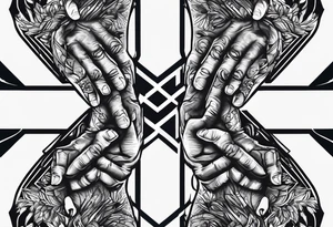 A clenched fist, the hand contains five fingers as specified, the tattoo is a back tattoo using negative space drawing techniques tattoo idea