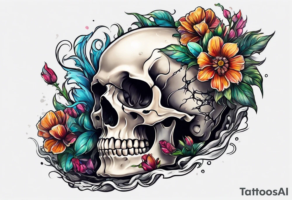 buried skeleton with flowers growing out of it tattoo idea