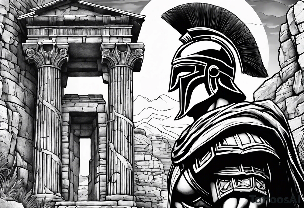 Close up of spartan solider face looking at distant ancient ruins tattoo idea