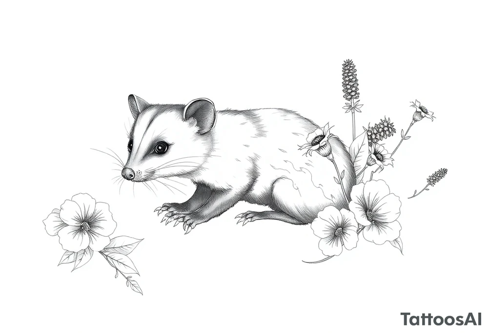 Opossum with lantanas and hellebores tattoo idea
