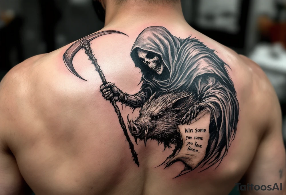 Grim reaper looking down on a bug feral boar while holding a scythe and scroll. The scroll has the words “You win some you lose some” written on it tattoo idea