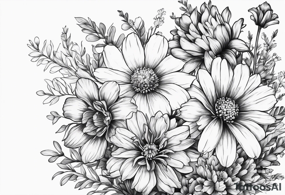 Small sketched bouquet of flowers larkspur carnation violet daisy tattoo idea