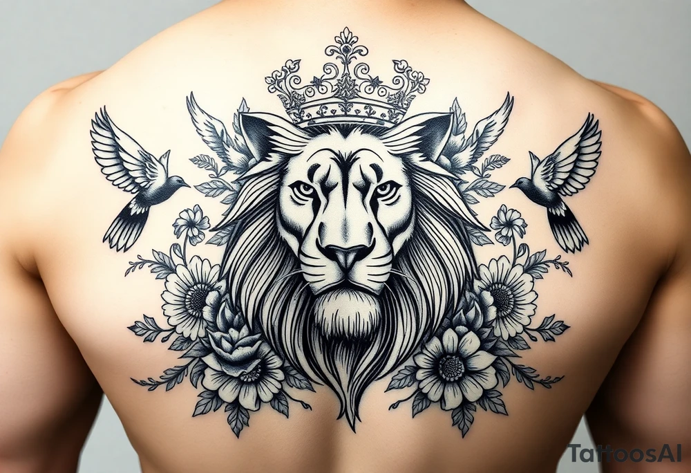 powerful majestic lion with a crown, surrounded by floral ornaments and birds tattoo idea