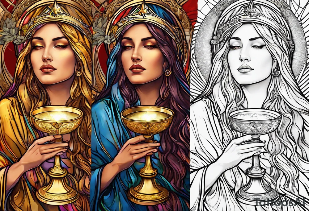 holy saint woman turned away with golden halo holding a chalice tattoo idea