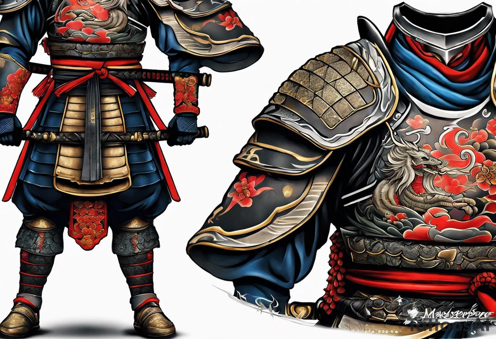 Samurai full armor facing sideways full sleeves tattoo idea