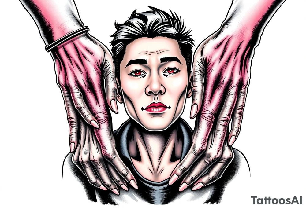 Scary ugly hands are holding Handsome Asian young guy tattoo idea