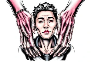 Scary ugly hands are holding Handsome Asian young guy tattoo idea