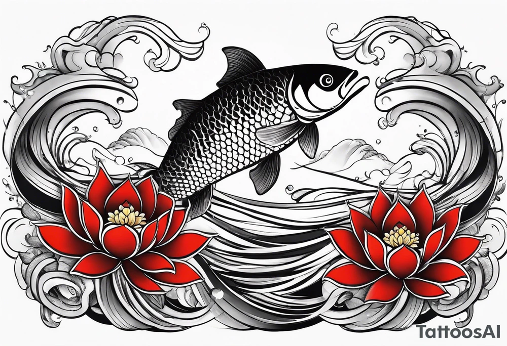 twin coi fish one red one black with waves and lotus flowers tattoo idea