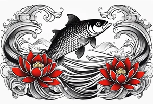 twin coi fish one red one black with waves and lotus flowers tattoo idea