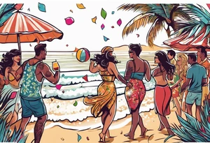 vintage beach dance party with music and confetti, tropical drinks tattoo idea