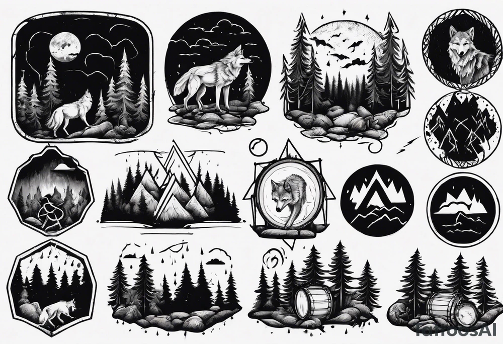 a thunder and lightning storm over a forest with a distant wolf howling and a drums tattoo idea a thunder and lightning storm over a forest with a distant wolf howling and a drums tattoo idea