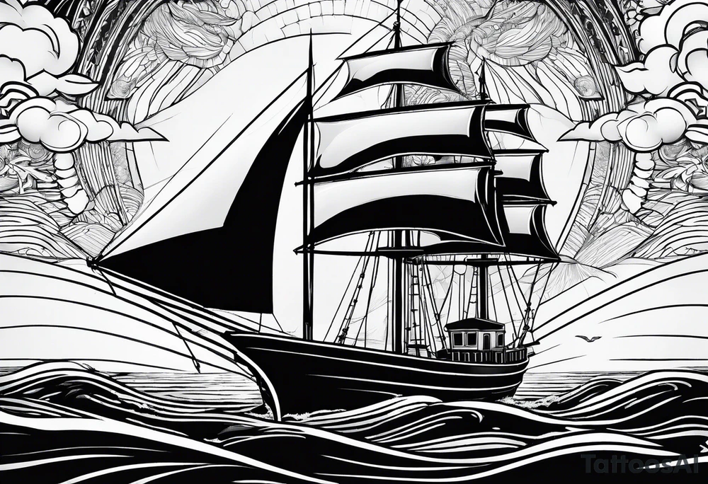 sailboat seen from the front. sail in the shape of a maritime lighthouse.phoenix drawn on the sail. tattoo idea