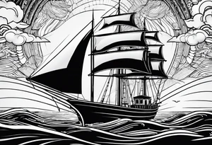 sailboat seen from the front. sail in the shape of a maritime lighthouse.phoenix drawn on the sail. tattoo idea