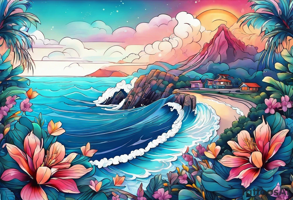 sea,, night, flower, palm, animal tattoo idea