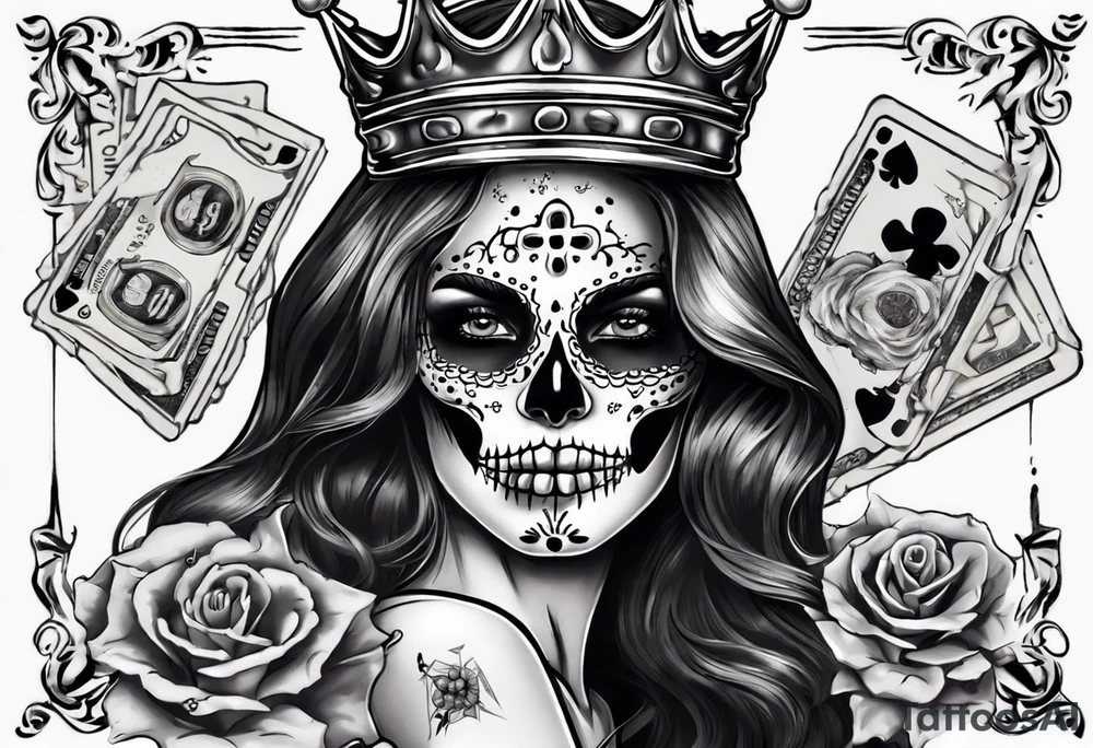 santa la muerta with money and crown
on the card tattoo idea