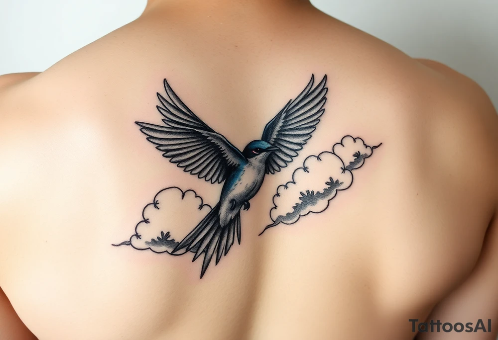 Bluebird flying out of storm clouds tattoo idea