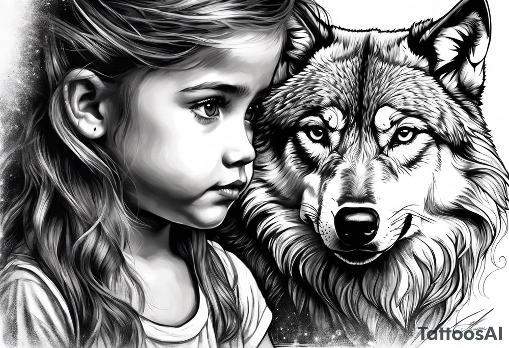 Wolf watching over little girls tattoo idea