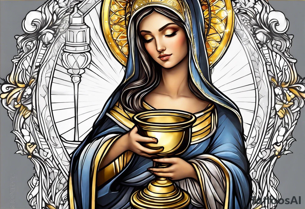 holy saint woman with golden halo holding a chalice tattoo idea