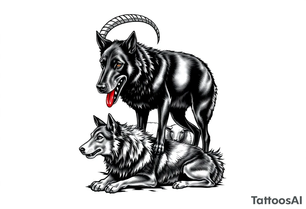 Belgian black sheepdog with a bloody mouth standing over a defeated wolf with sheep in the background tattoo idea