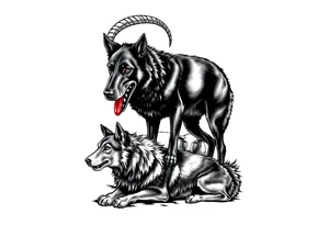 Belgian black sheepdog with a bloody mouth standing over a defeated wolf with sheep in the background tattoo idea