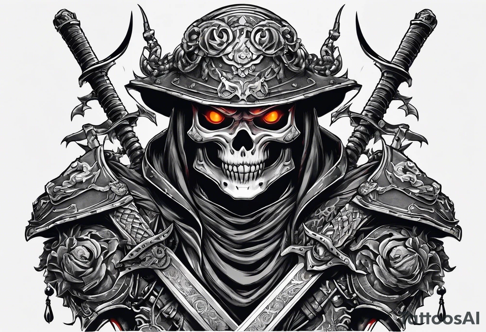 Angry skeleton Modern robot ninja with demon mask with swords in hands fighting dragon tattoo idea