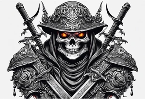 Angry skeleton Modern robot ninja with demon mask with swords in hands fighting dragon tattoo idea