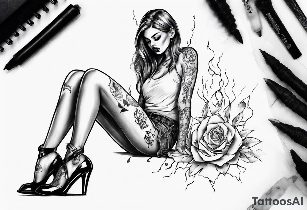 A girl in heels sits on the floor with two legs wide open tattoo idea