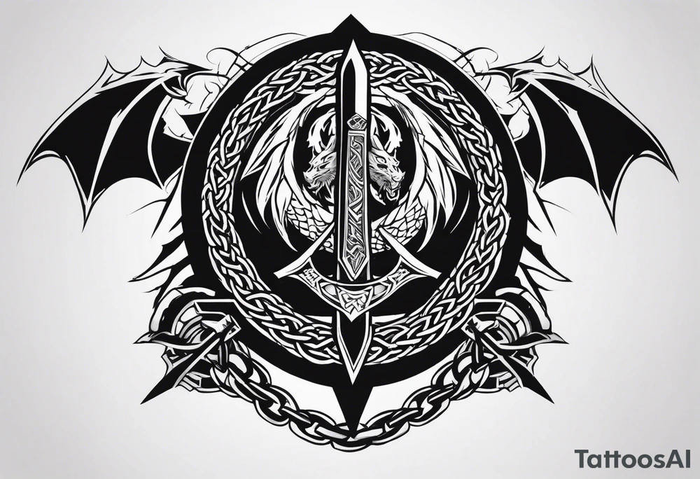 Valhalla sword shield dragon axe Valknut barbed wire chains tribal tattoo idea Valhalla sword shield dragon axe Valknut barbed wire chains tribal tattoo idea