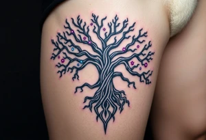 A massive Yggdrasil (Tree of Life) with cosmic roots and glowing veins, its branches stretching into a night sky filled with deep purple and silver stars tattoo idea