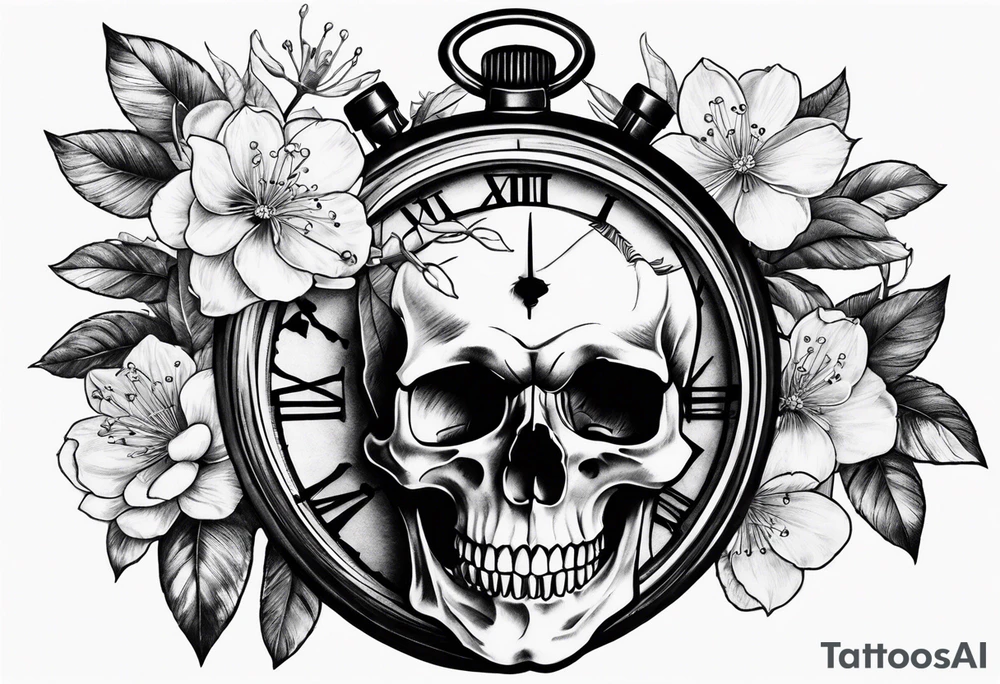 Stopwatch skull and cherry bloom tattoo idea